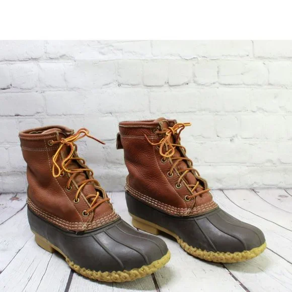 LL Bean Brown Leather Lace Up Plaid Lined Ankle Duck Boots Size 9 M - Picture 3 of 9